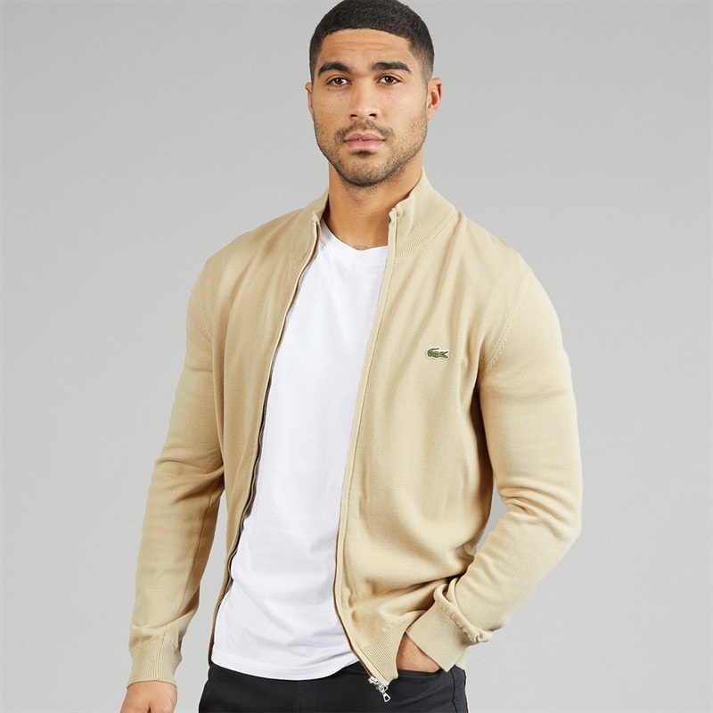 Lacoste Mens Zipped High Neck Cotton Jumper Beige