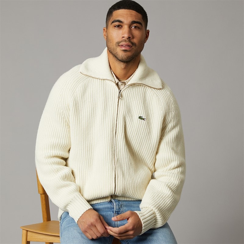 Lacoste Mens Wool High Neck Zipped Jumper Ecru White