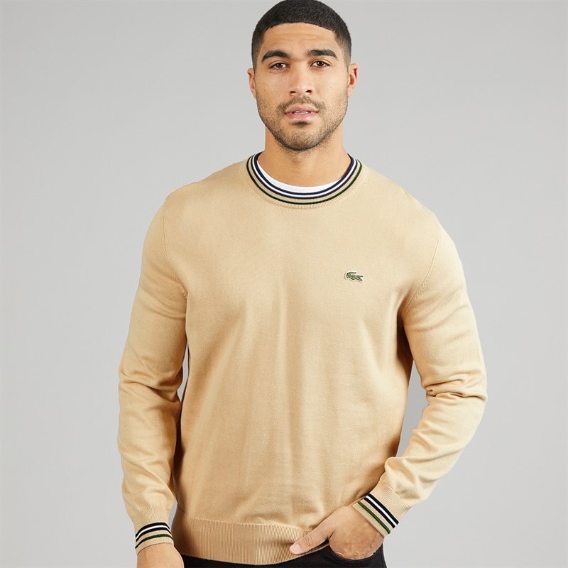Lacoste Mens Striped Cotton Jumper Beige/Navy Blue