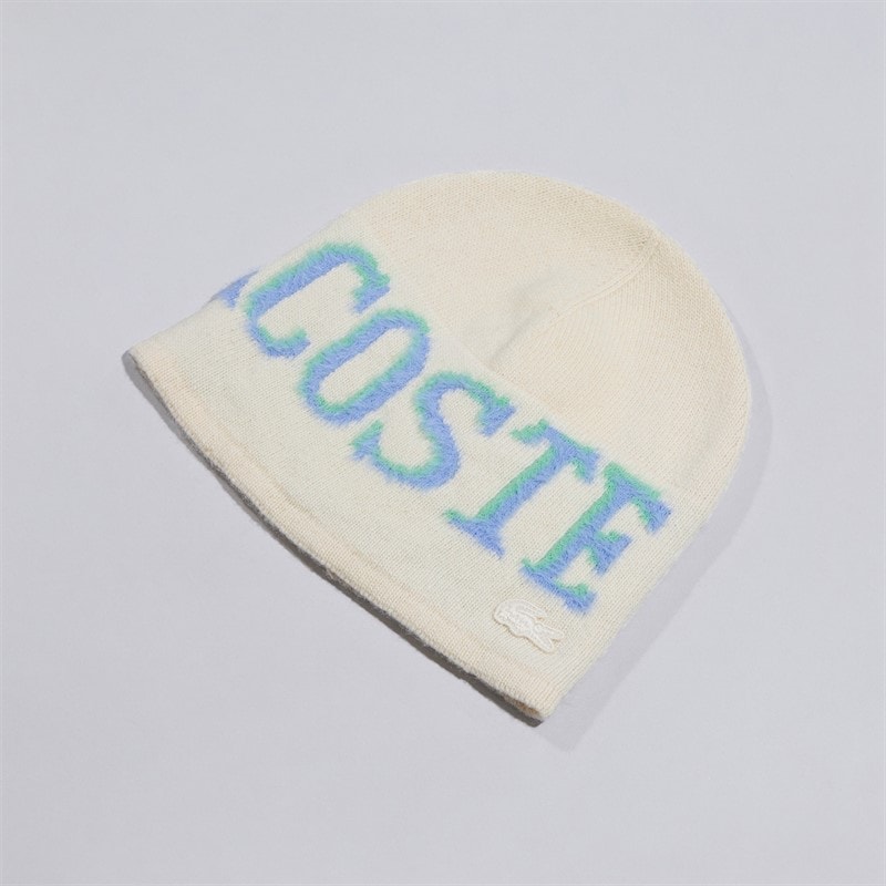 Lacoste Mens Intarsia Branded Wool Beanie White/Purple