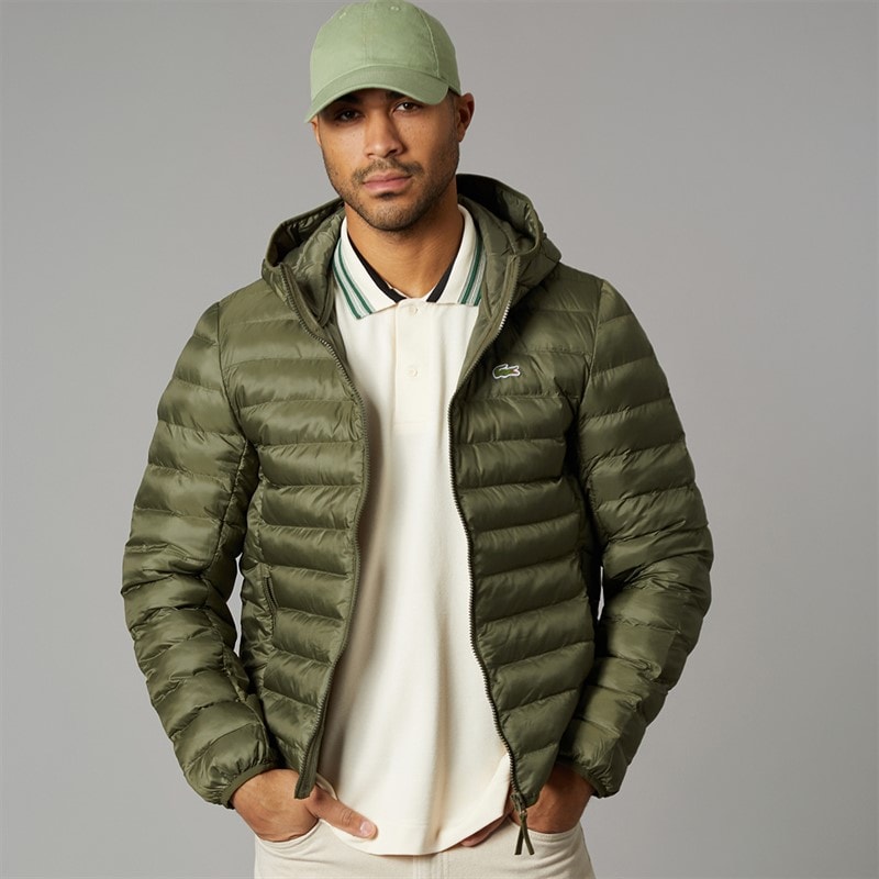 Lacoste Mens Water Repellent Quilted Puffer Coat Khaki Green