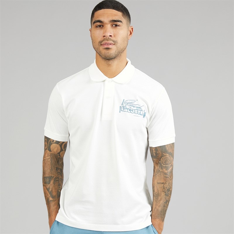 Lacoste Mens Classic Fit Printed Polo Shirt White/Blue