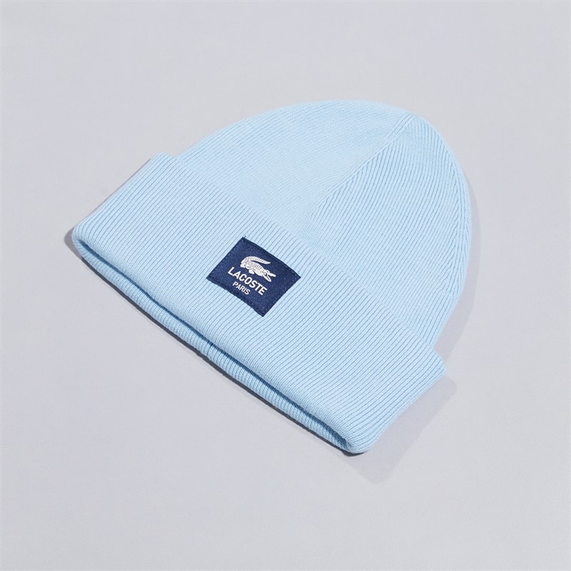 Lacoste Mens Ribbed Cotton Badge Beanie Pale Blue
