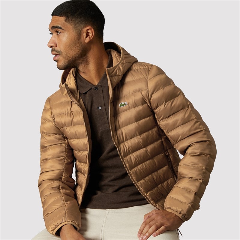Lacoste Mens Water Repellent Quilted Puffer Coat Light Brown