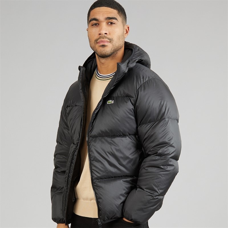 Lacoste Mens Short Water Repellent Hooded Puffer Coat Black