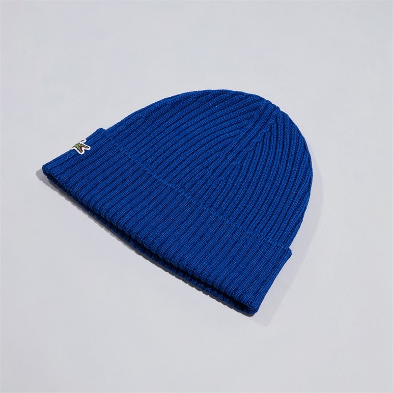 Lacoste Mens Rib Knit Brushed Wool Beanie Sapphire Blue