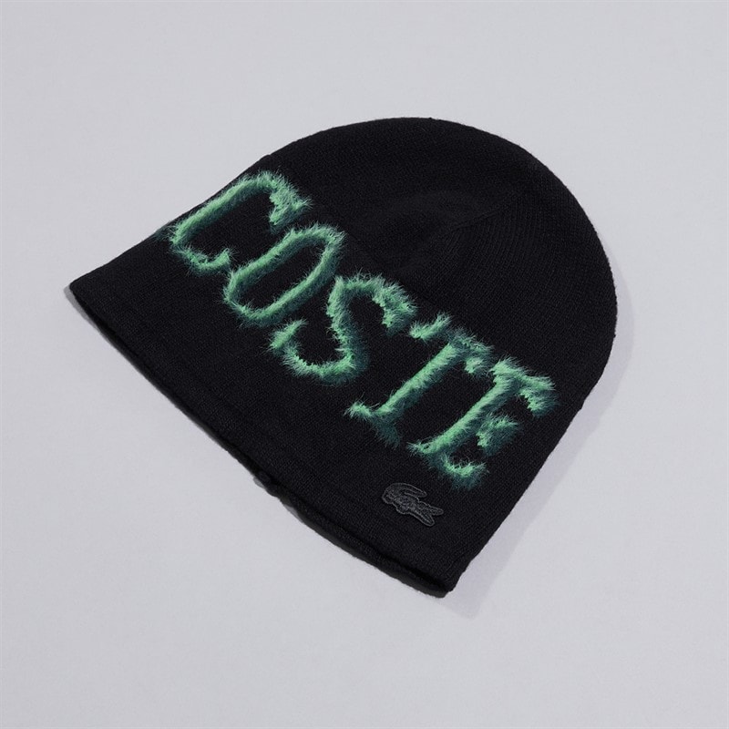 Lacoste Mens Intarsia Branded Wool Beanie Black/Green