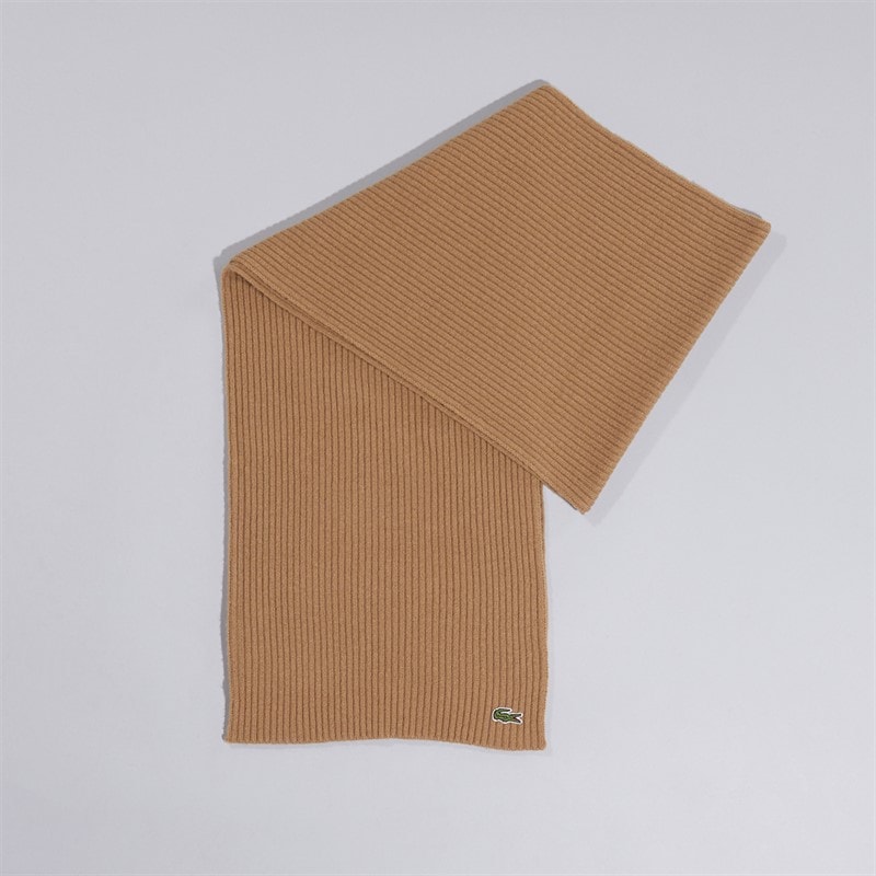 Lacoste Mens Ribbed Wool Scarf Camel