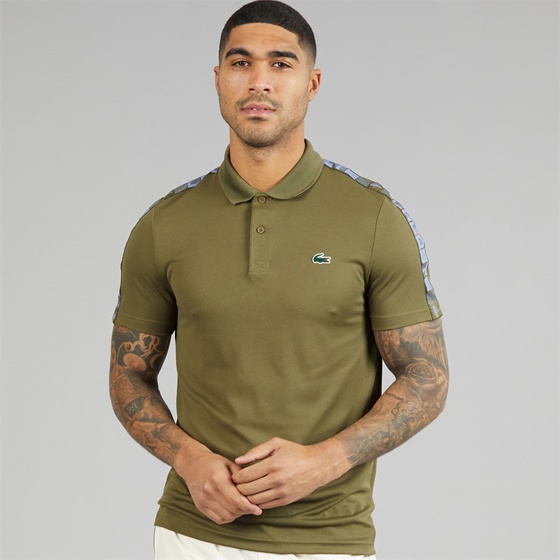 Lacoste Mens Branded Stripe Polo Shirt Khaki Green