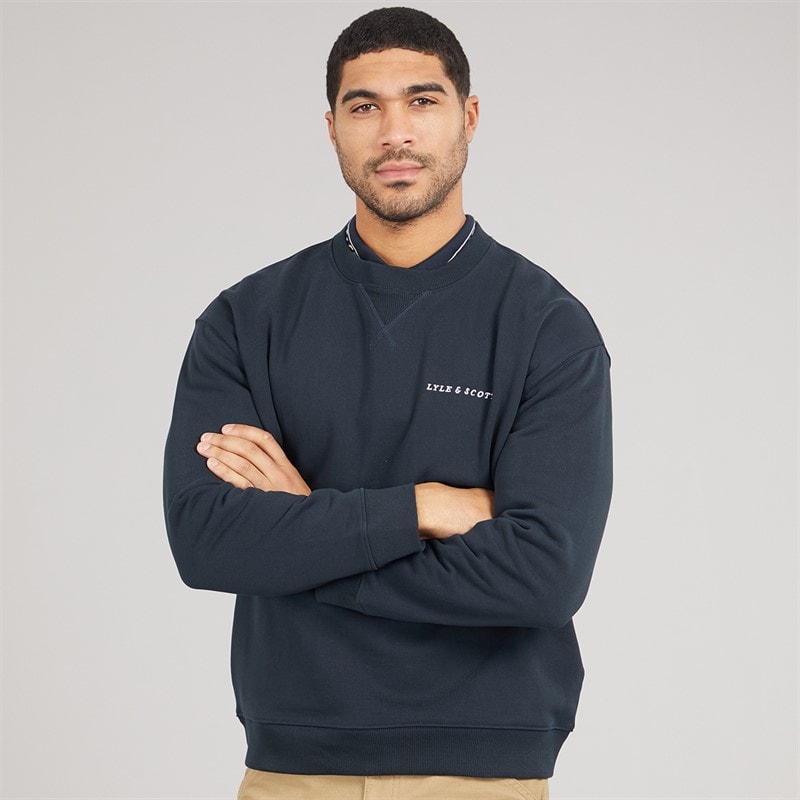 Lyle And Scott Vintage Mens Script Heavyweight Crew Neck Sweatshirt Dark Navy