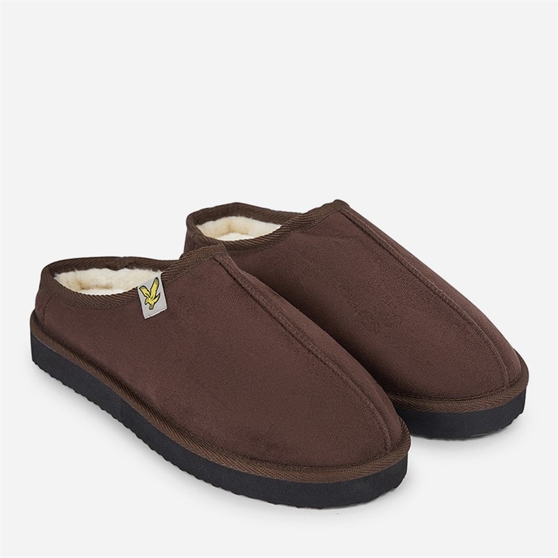 Lyle And Scott Vintage Mens Suede Faux Fur Lined Mule Clog Slippers Dark Brown