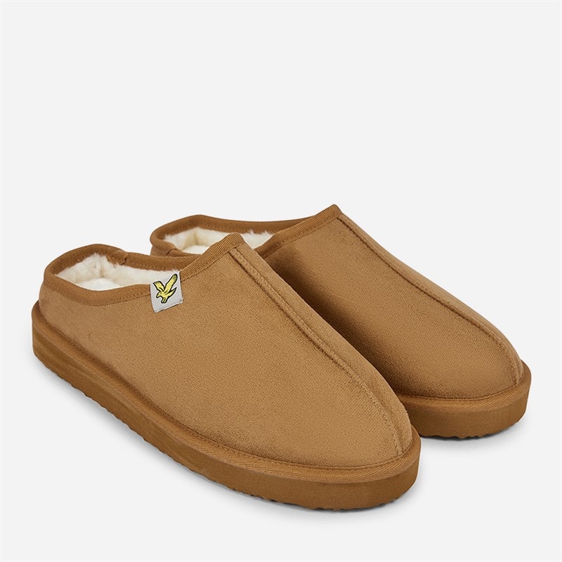 Lyle And Scott Vintage Mens Suede Faux Fur Lined Mule Clog Slippers Saddle Brown