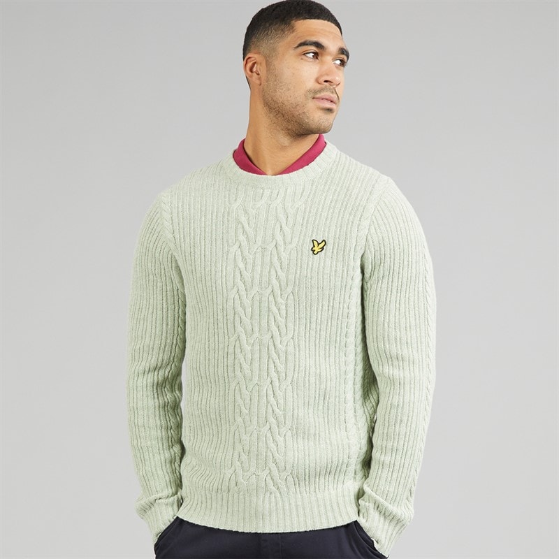 Lyle And Scott Vintage Mens Ribbed Cable Knit Jumper Cold Mint Marl
