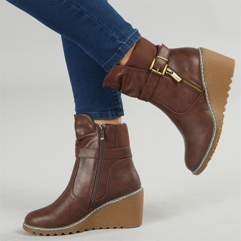Lotus Womens Olivia Wedge Heel Buckle Boots Brown