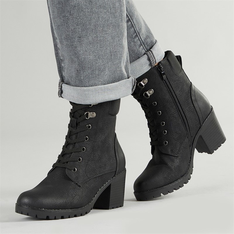 Lotus Womens Gene Block Heel Lace Up Boots Black