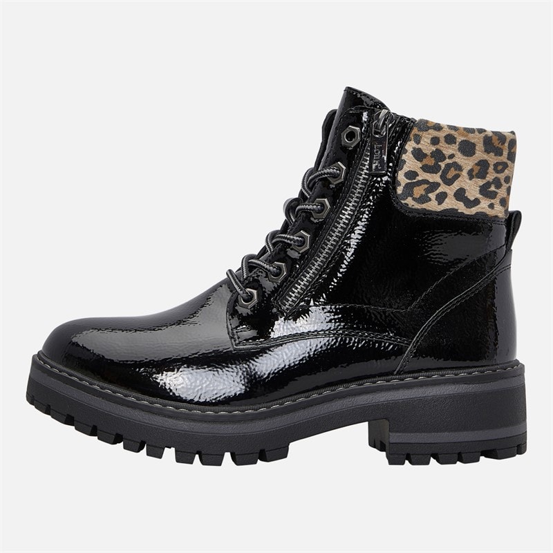 Lotus Womens Myleen Leopard Collar Ankle Boots Black Pat