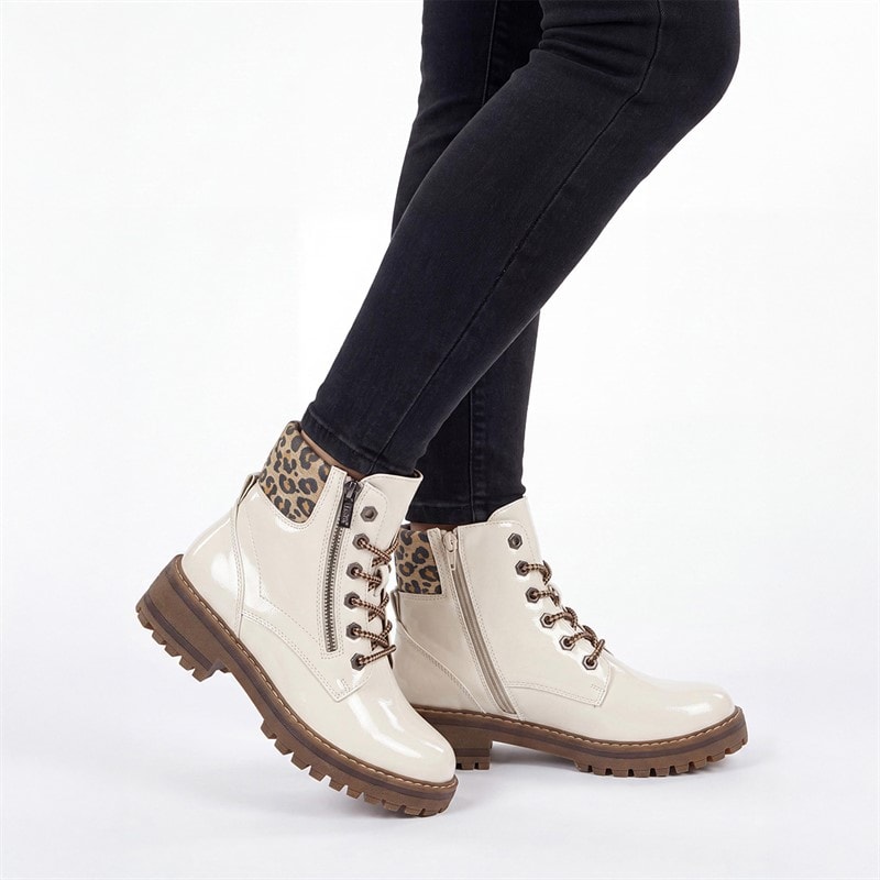 Lotus Womens Myleen Leopard Collar Ankle Boots White Pat
