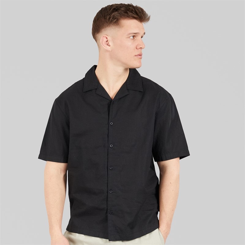 NICCE Mens Lichi Linen Revere Short Sleeve Shirt Black
