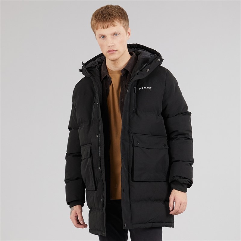 NICCE Mens Bakerloo Long Hooded Padded Parka Coat Black