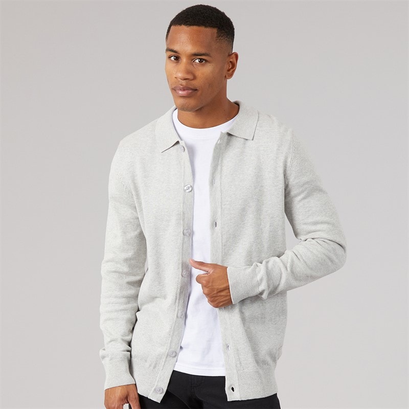 NICCE Mens Luxe Slim Fit Polo Collar Knit Jacket Light Grey Marl