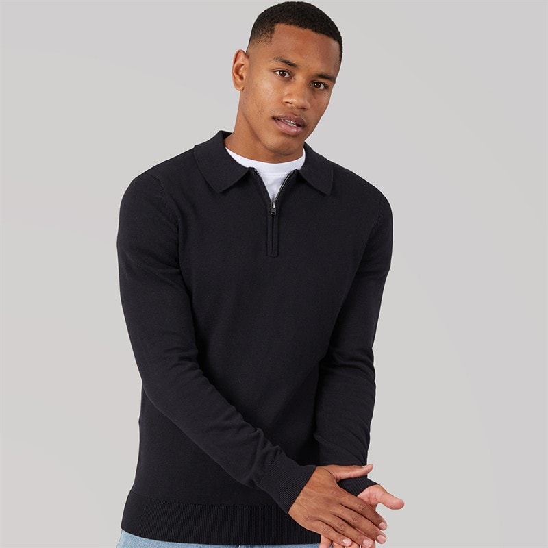 NICCE Mens Luxe Slim Fit Zip Knitted Polo Shirt Black