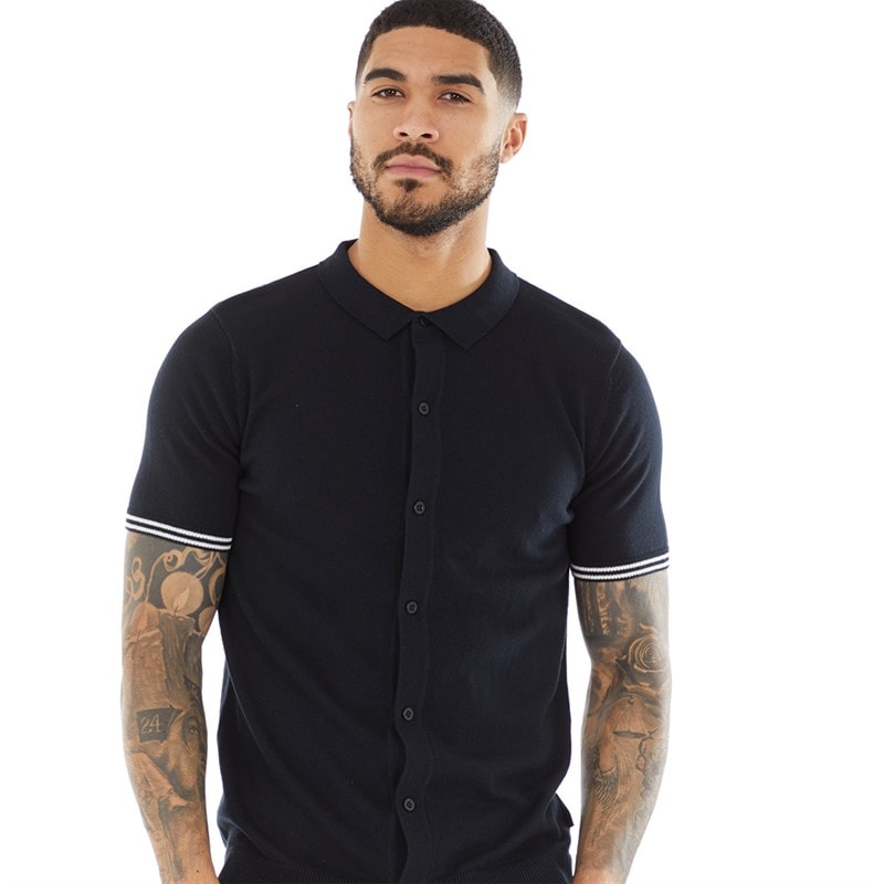 French Connection Mens Short Sleeve Tipped Knitted Shirt Marine/Ecru