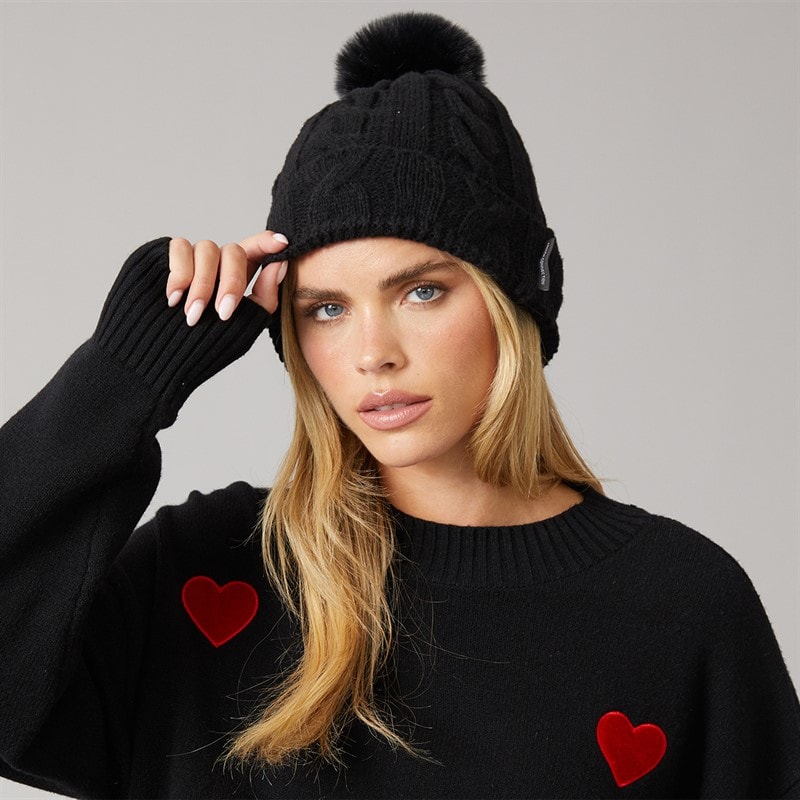 French Connection Womens Cable Pom Beanie Black