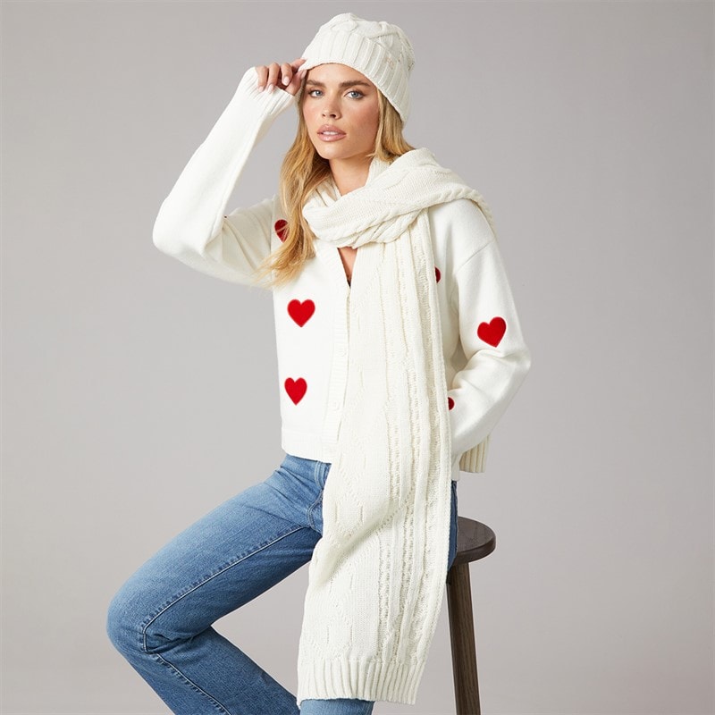French Connection Womens Cable Scarf And Beanie Set Winter White/Camel