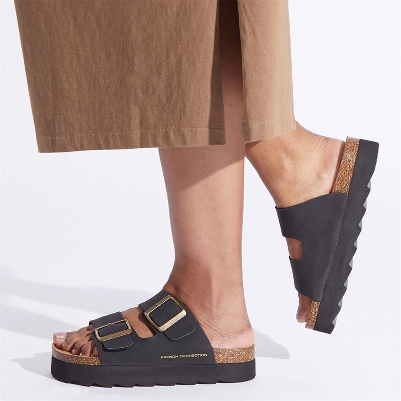 French Connection Womens Chunky Double Buckle Sandals Black