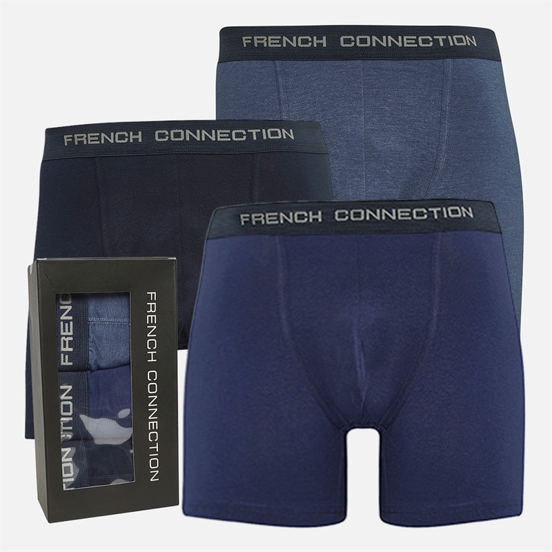 French Connection Mens Three Pack FC Long Boxer Trunks FC15 Marine/French Blue/Mid Blue Melange