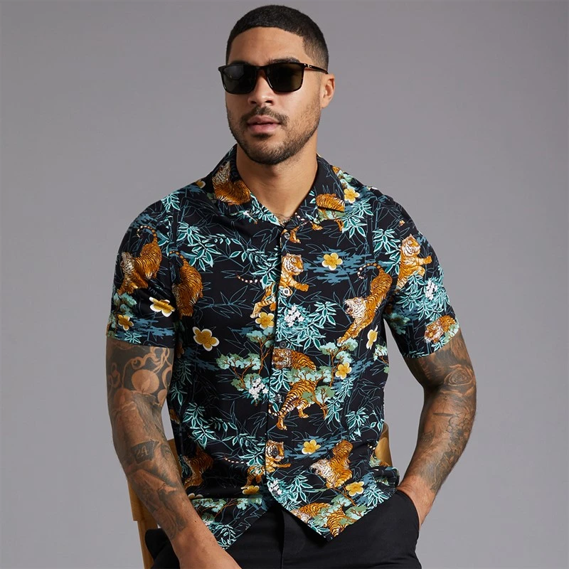 French Connection Mens Short Sleeve Tiger Bamboo Viscose Shirt Black