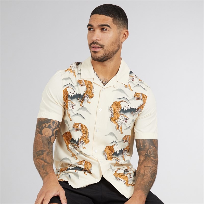 French Connection Mens Short Sleeve Tiger Mountain Viscose Shirt Cream