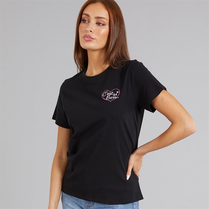 French Connection Womens C'est Si Bon T-Shirt Black/White/Raspberry