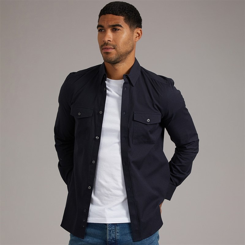 French Connection Mens Two Pocket Oxford Overshirt Solid Marine