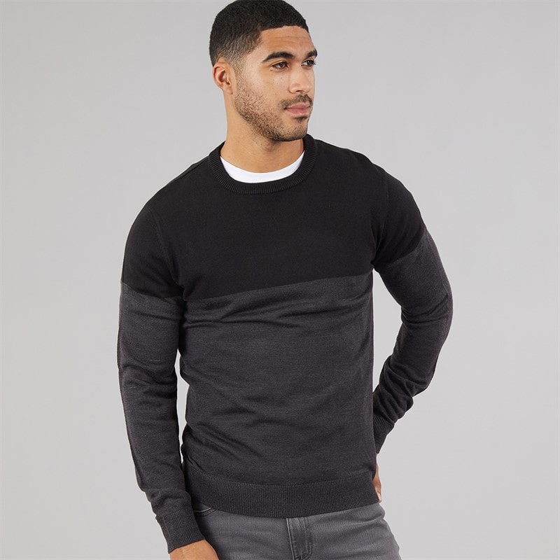 French Connection Mens Cash Block Jumper Black/Charcoal Mel
