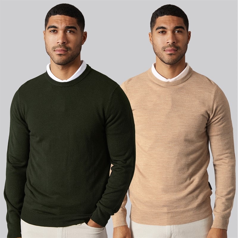 French Connection Mens Cash Two Pack Crew Neck Jumpers Multi 7 Dark Green/Camel Mel