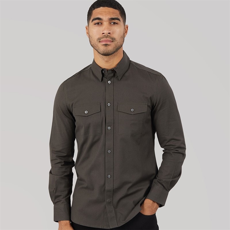 French Connection Mens Two Pocket Oxford Overshirt Solid Khaki