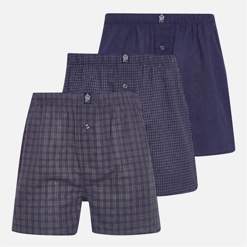 French Connection Mens Three Pack FC Woven Boxers Multi 1 Charoal Marine Check/Charcoal Marine Multi 1 Charoal Marine Check/Charcoal Marine Gingham/Charcoal Marine Stripe