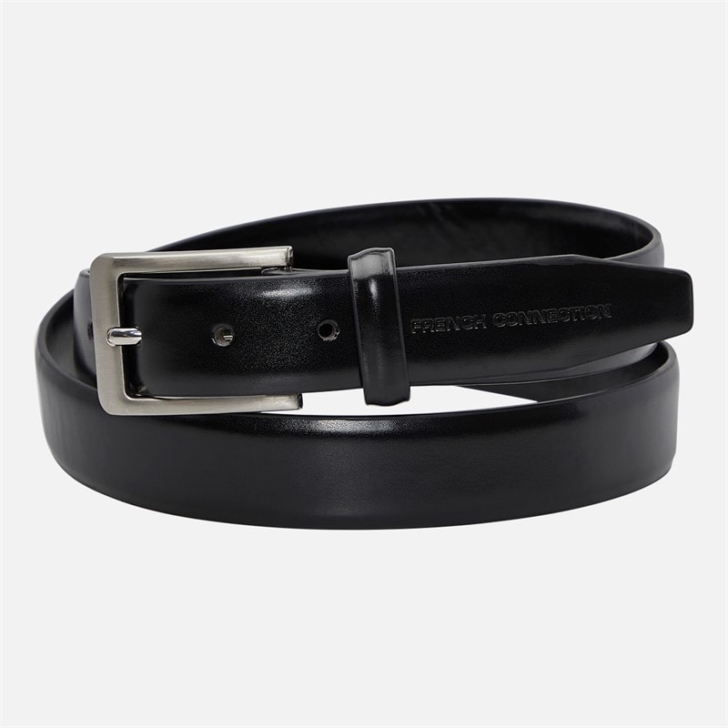 French Connection Mens Essential Leather Keeper Belt Black Brushed Nickel