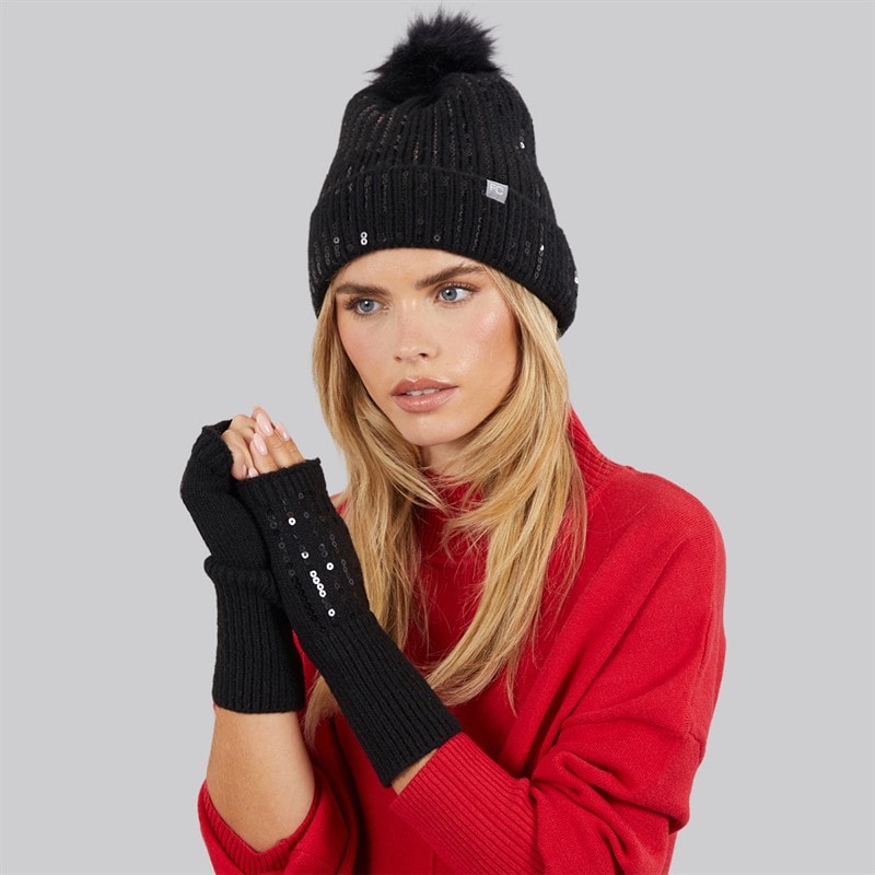 French Connection Womens Sequin Gloves And Pom Pom Beanie Set Black