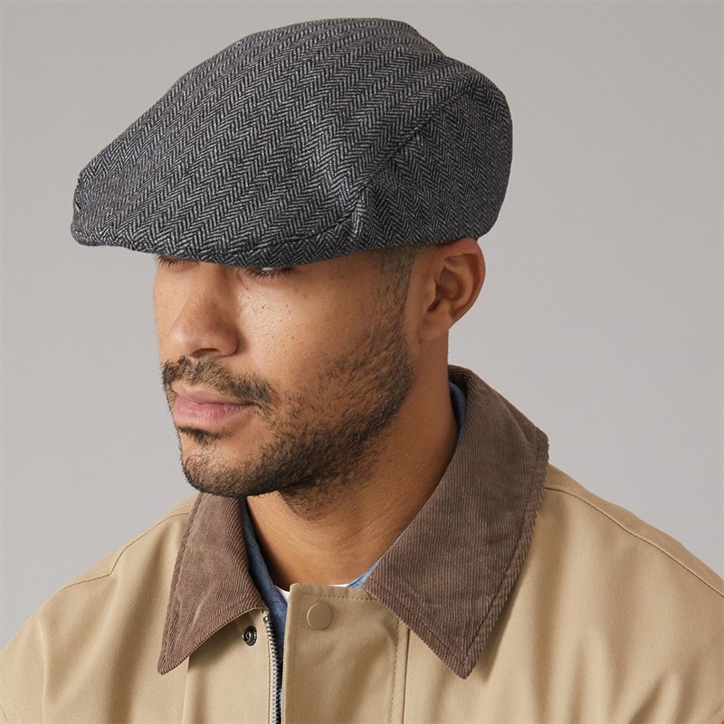 French Connection Mens Herringbone Flat Cap Charcoal Melange
