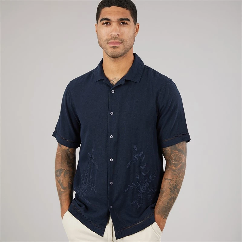 French Connection Mens Linen Floral Short Sleeve Shirt Marine