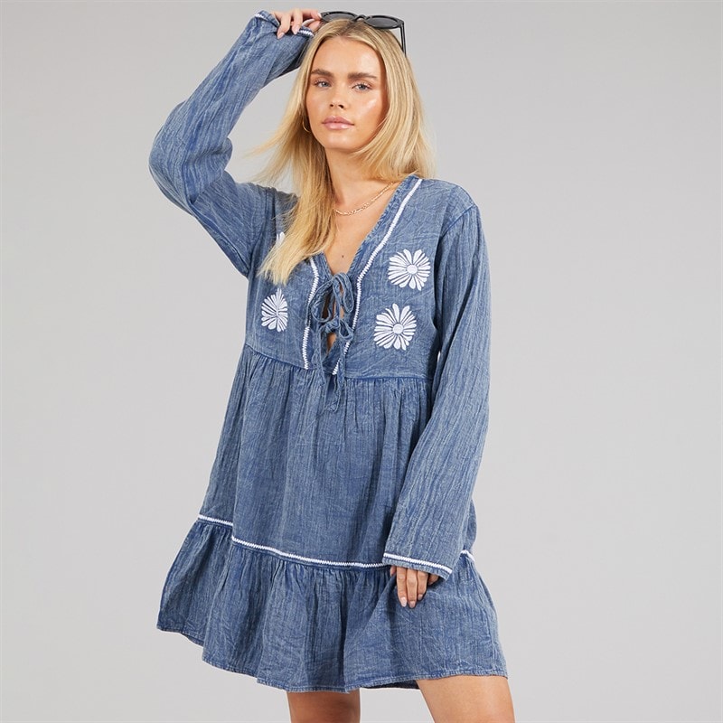 Native Youth Womens Floral Embroidered Dress Navy