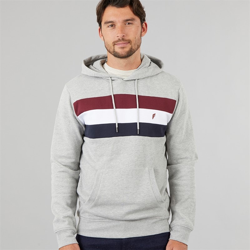 Onfire Mens Chest Stripe Hoodie Light Grey Marl