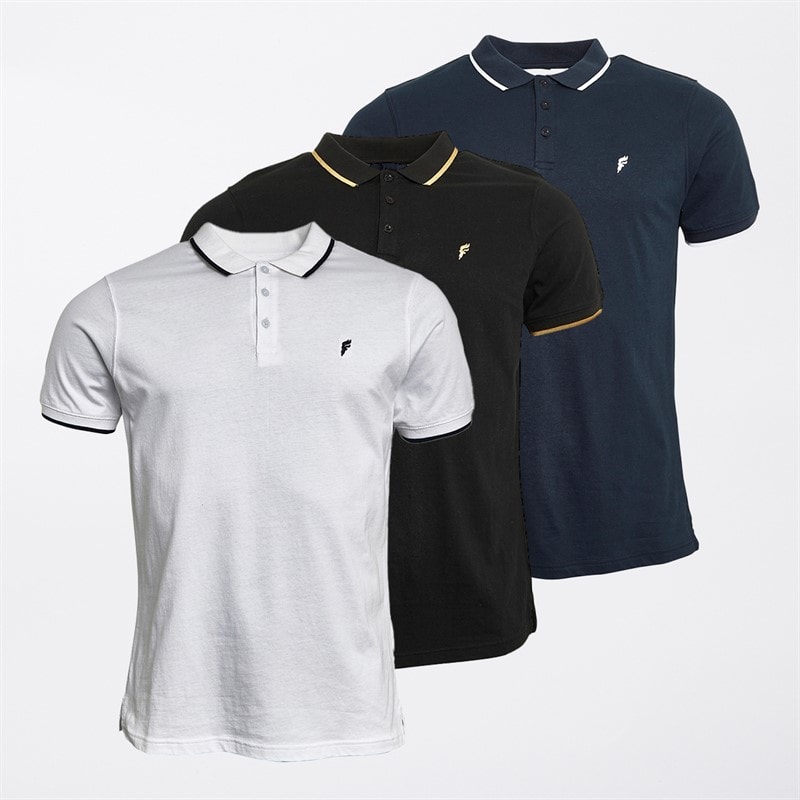 Onfire Mens Three Pack Tipped Jersey Polo Shirts White/Black/Navy