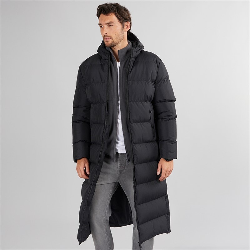 Onfire Mens Maxi Length Hooded Puffer Coat Black