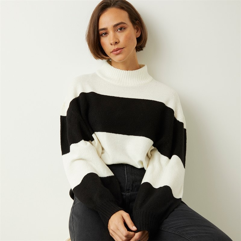Onfire Womens Striped Crew Neck Sweatshirt Ecru/Black