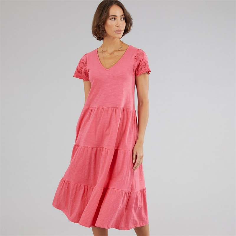 Onfire Womens Midi Broderie Sleeve Dress Hot Pink