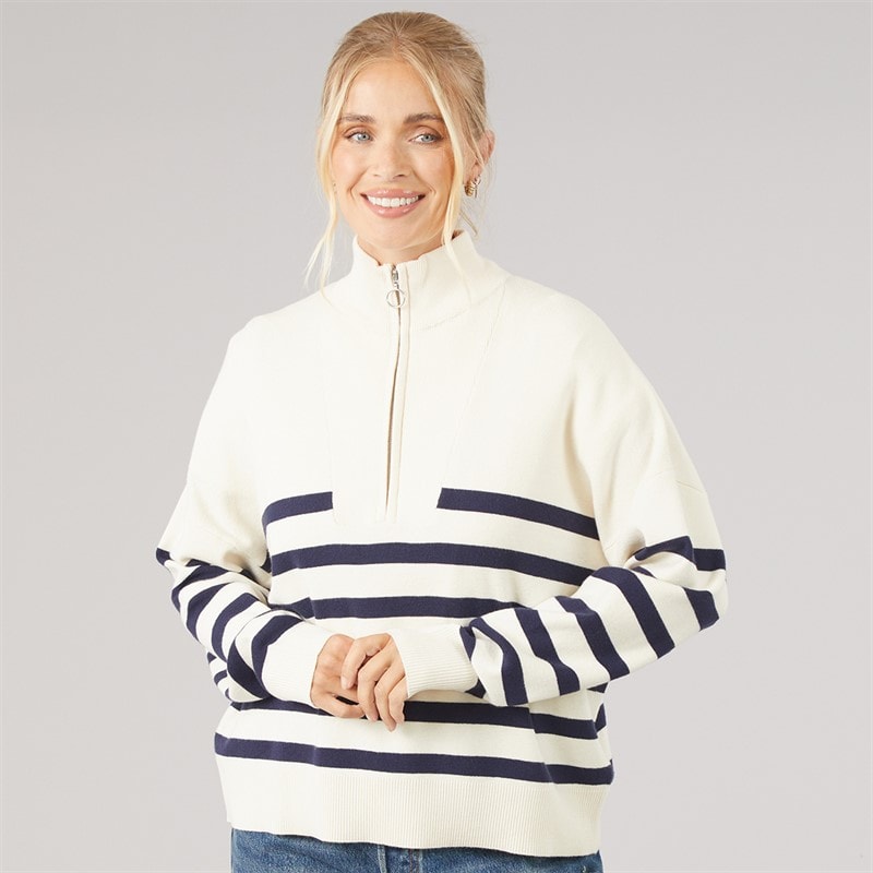 Onfire Womens Hibiscus Stripe Half Zip Jumper Ivory/Navy Stripe