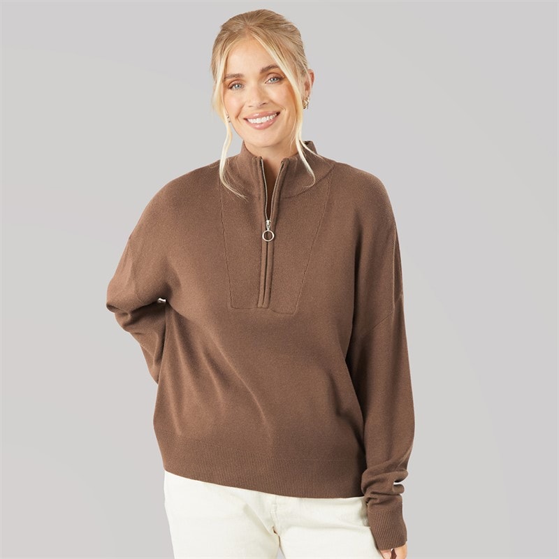 Onfire Womens 1/4 Zip Knitted Jumper Chocolate